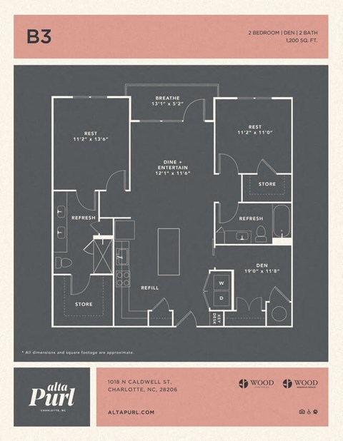 Floor plan for 2 beds, 2 baths, 1200 sqft
